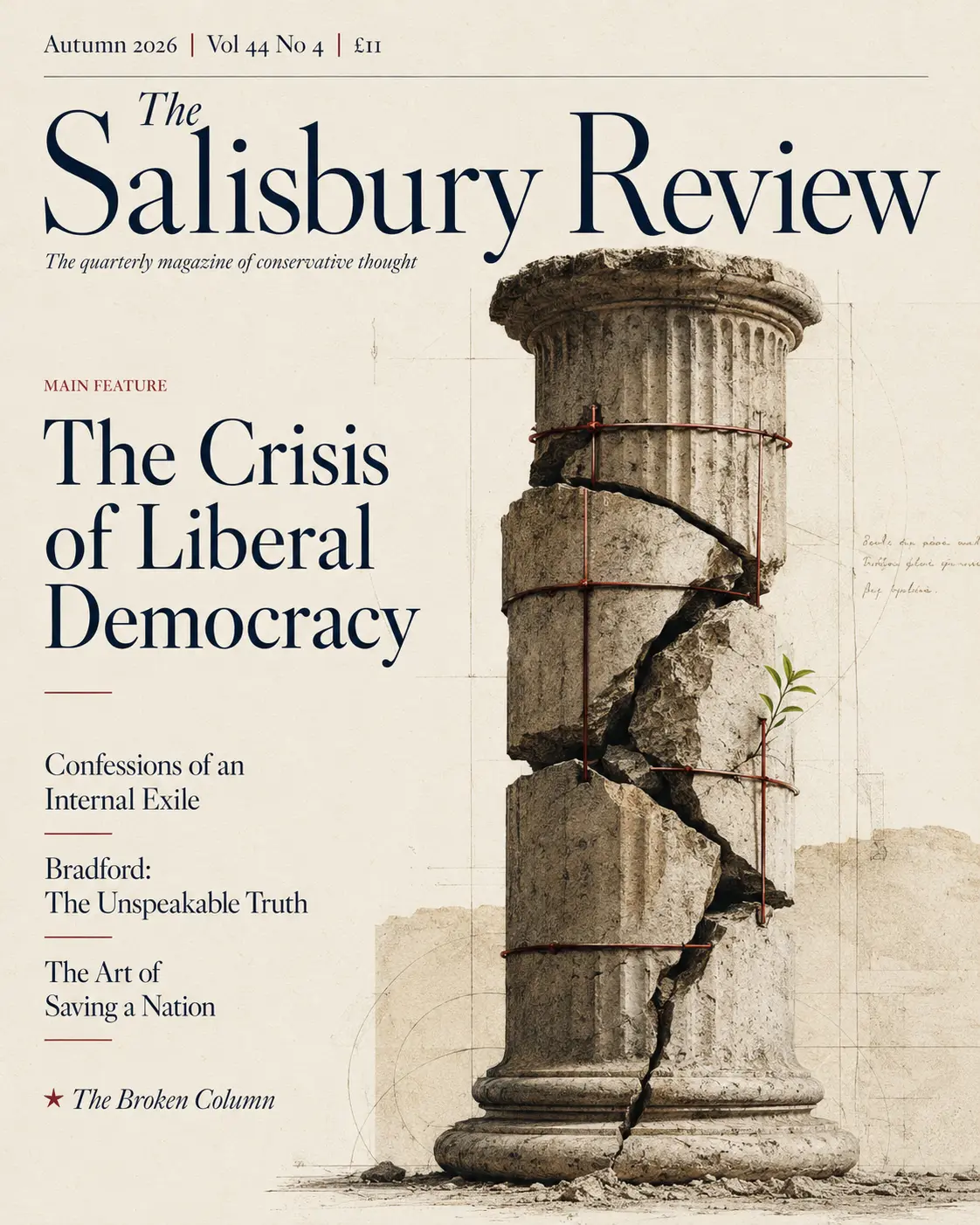 Concept Salisbury Review cover built around a fractured classical column