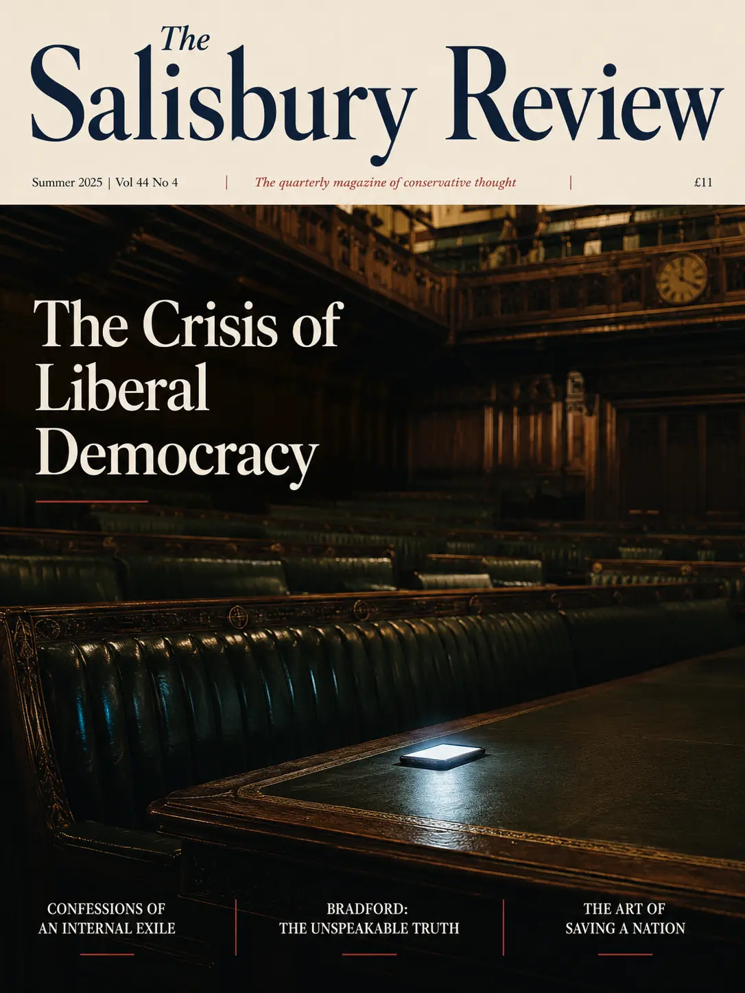 Concept Salisbury Review cover showing an empty House of Commons chamber and a lit phone
