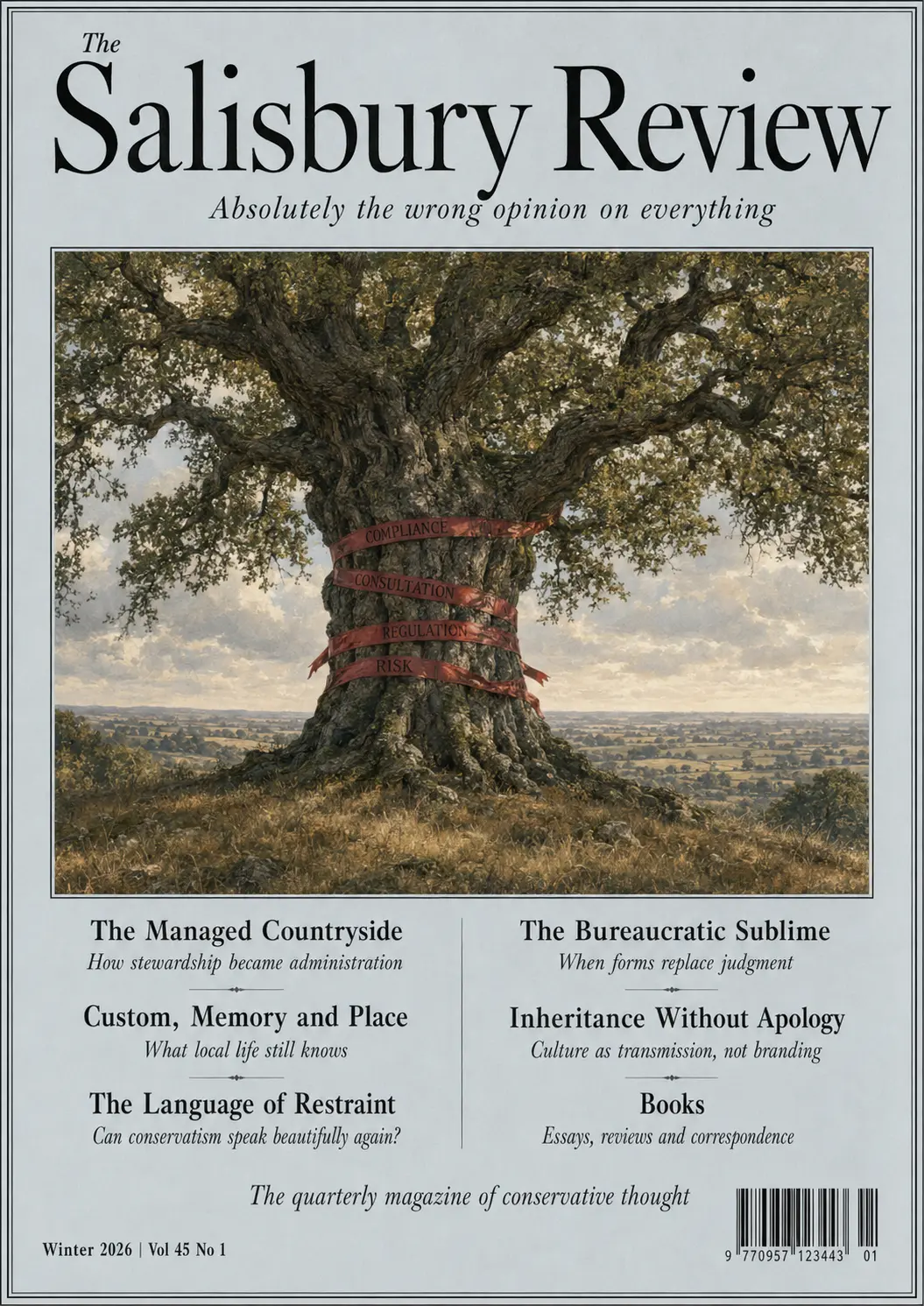 Concept Salisbury Review cover showing an old tree bound with bureaucratic ribbons